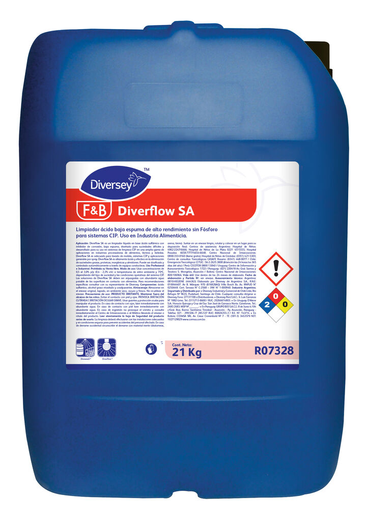 DIVERFLOW SA 21kg - DETERGENTE ÁCIDO SIN P PARA SUCIEDADES DIFÍCILES CON PROPIEDADES ANTIESPUMANTES